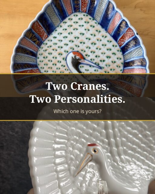 Two cranes. Two personalities.No.1 — The Show-Off. Bold, flashy, covered in colour and gold. Knows he's gorgeous.
No.2 — The Zen Master. All white, quiet relief, a single line of red. Wants nothing.In Japan, cranes mean longevity, good fortune, and lasting love — which is why they belong on an IWAI SARA, a plate made for celebrations.Both are vintage, one-of-a-kind pieces from Japan. Never the same.So — Team Show-Off, or Team Zen? Tell me in the comments.From Japan. — WabiSabi Asobee鶴の祝皿が2枚。ひとつは色絵でハデハデ、もうひとつは白一色で無我の境地。皆さんはどちら派ですか？#japaneseculture #wabisabi #vintagejapan #japaneseantique #iwaisara #imari #crane #kamakura #japanesedecor #folkcraft #鎌倉 #骨董 #祝皿